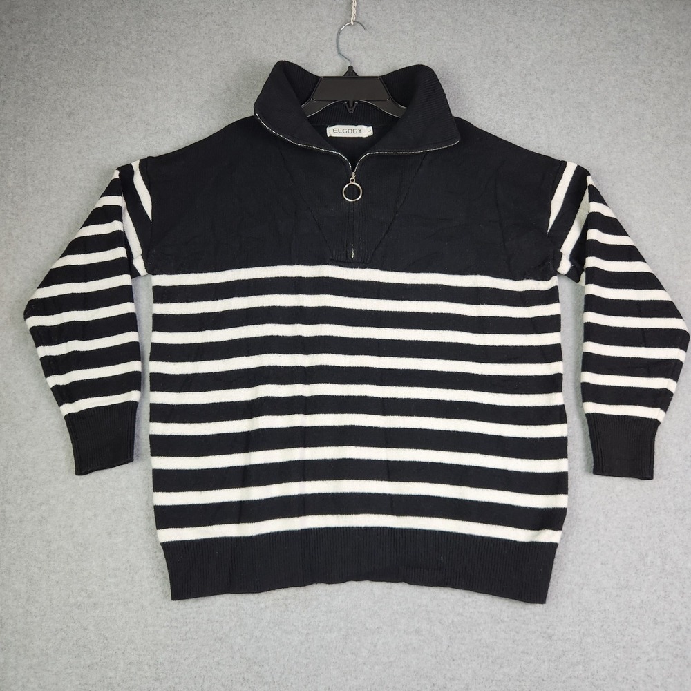 ELGOGY‎ Sweater Womens Large Black White Striped Tight Knit Quarter Zip Pullover